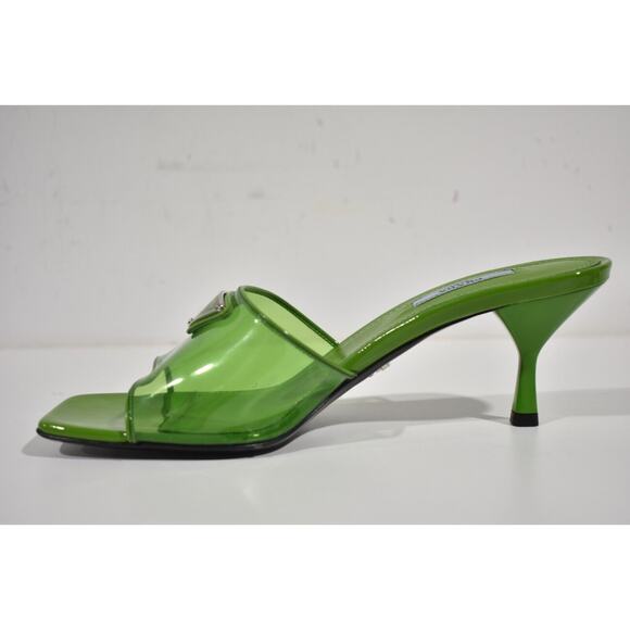 Prada Plexiglas Green PVC Patent Leather Backless Sandal Mule Heel Pump 38.5 - Picture 6 of 12